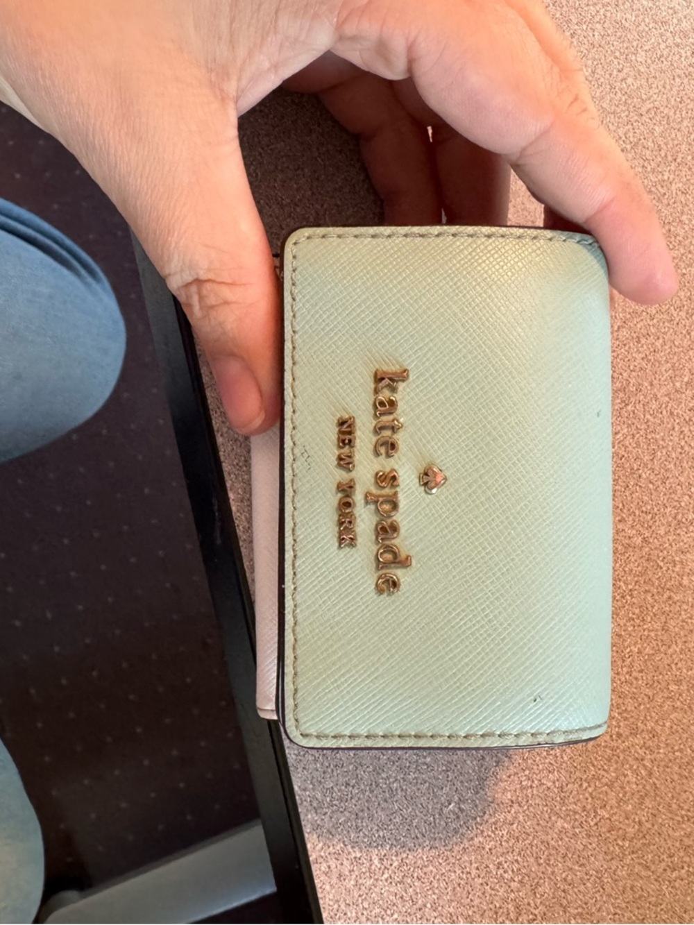 kate spade White and Blue Trifold Wallet with Gold Logo